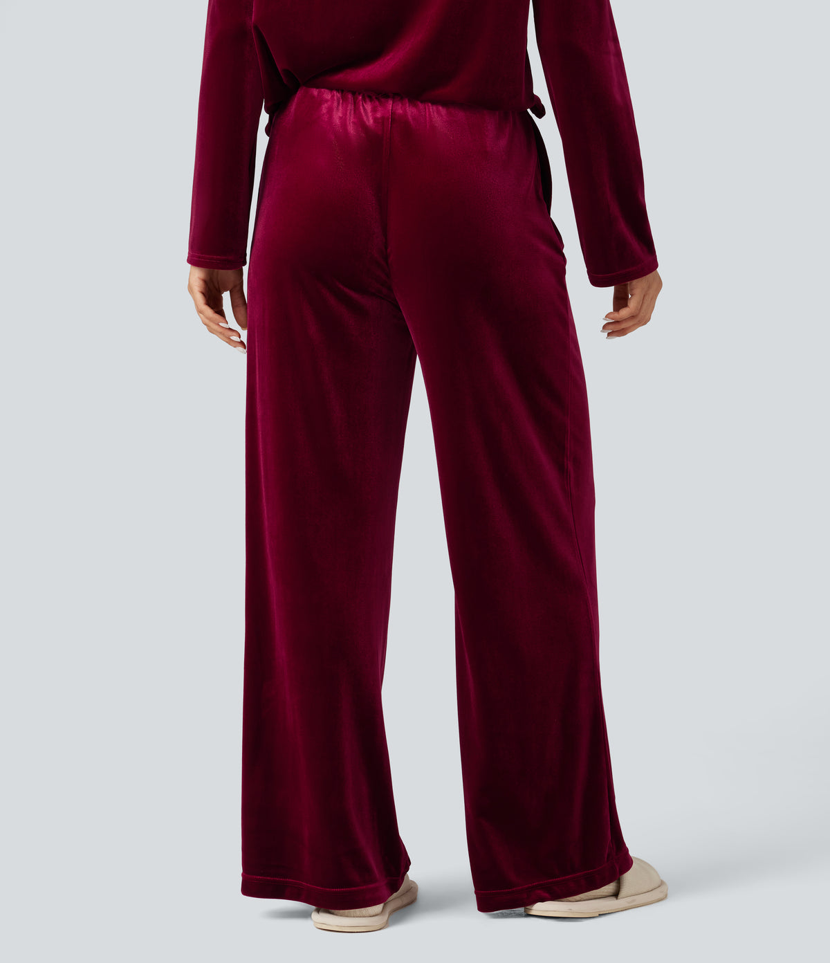 High Waisted Velvet Casual Baggy Lounge Trousers with Pockets — Sangria — view 2