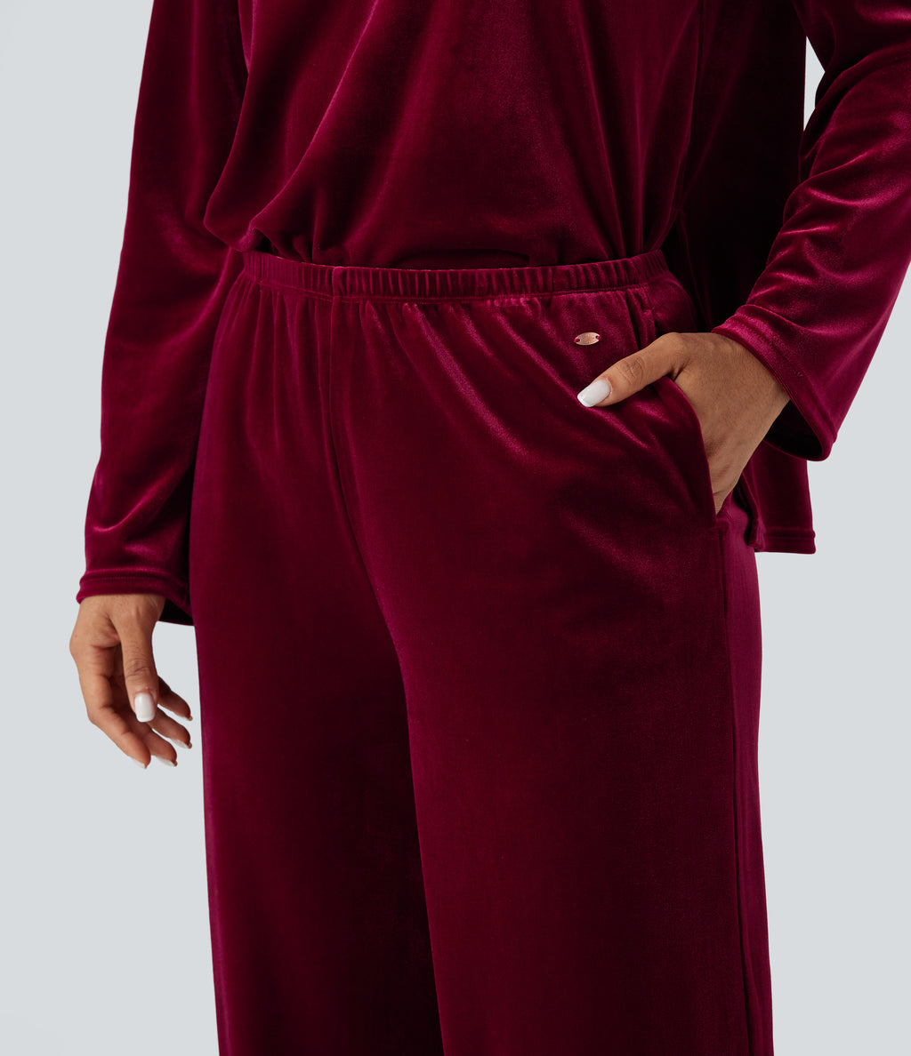 High Waisted Velvet Casual Baggy Lounge Trousers with Pockets — Sangria — view 4