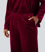 High Waisted Velvet Casual Baggy Lounge Trousers with Pockets — Sangria — view 4