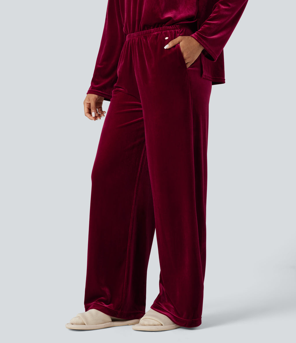High Waisted Velvet Casual Baggy Lounge Trousers with Pockets — Sangria — view 3