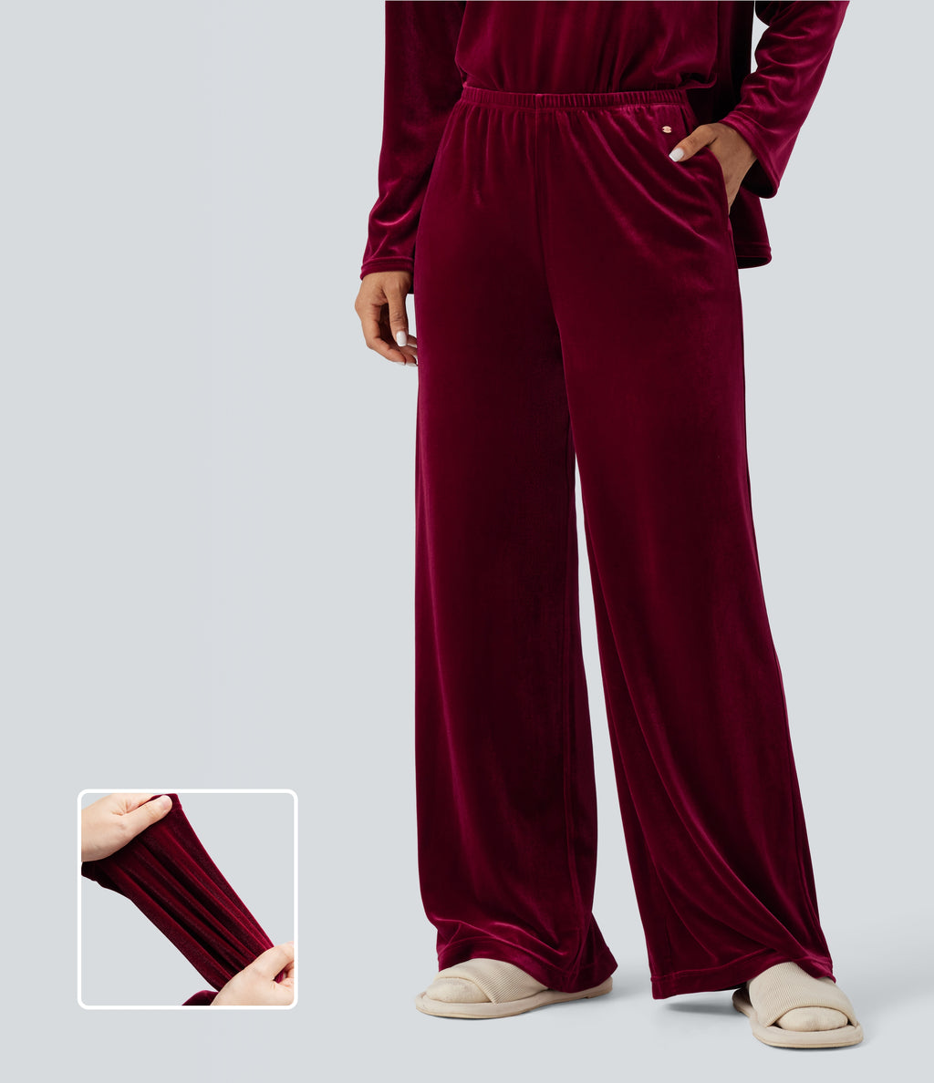 High Waisted Velvet Casual Baggy Lounge Trousers with Pockets — Sangria — view 1