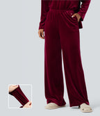 High Waisted Velvet Casual Baggy Lounge Trousers with Pockets — Sangria — view 1