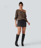 One-shoulder Long Sleeve Waffle Leopard Casual Sweatshirt with Pockets — Noir Safari — view 7