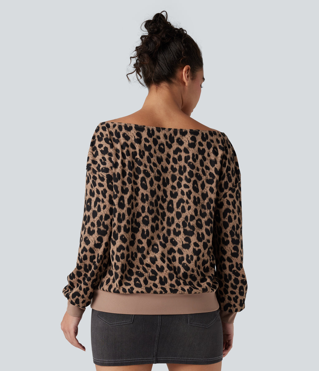 One-shoulder Long Sleeve Waffle Leopard Casual Sweatshirt with Pockets — Noir Safari — view 5