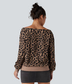 One-shoulder Long Sleeve Waffle Leopard Casual Sweatshirt with Pockets — Noir Safari — view 5
