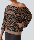 One-shoulder Long Sleeve Waffle Leopard Casual Sweatshirt with Pockets — Noir Safari — view 6