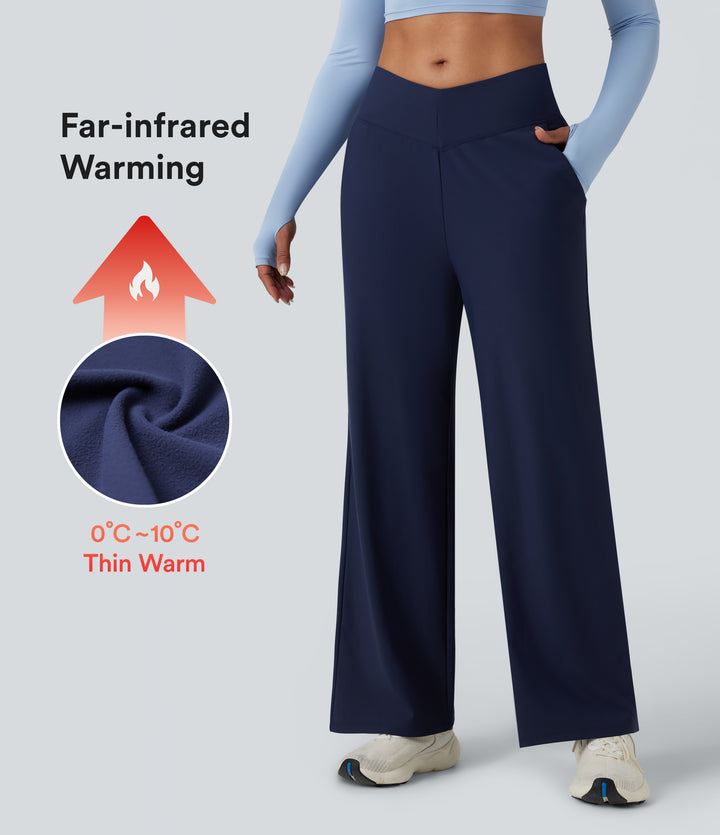 V-Shaped High Waisted Fleece Warming Yoga Baggy Trousers with Pockets — Peacoat — view 1