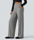 Ribbed Knit High Waisted Crossover Tummy Control Straight Leg Casual Trousers with Pockets — Dark Mottled Grey — view 3