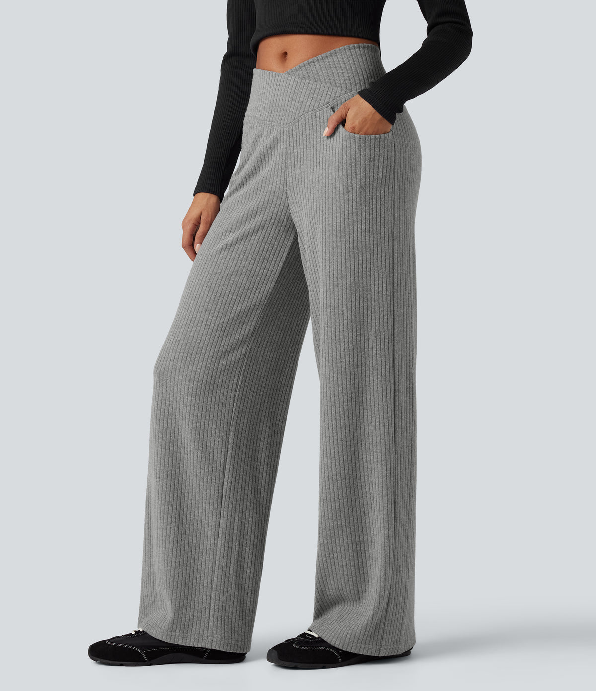 Ribbed Knit High Waisted Crossover Tummy Control Straight Leg Casual Trousers with Pockets — Dark Mottled Grey — view 3