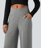 Ribbed Knit High Waisted Crossover Tummy Control Straight Leg Casual Trousers with Pockets — Dark Mottled Grey — view 4