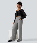 Ribbed Knit High Waisted Crossover Tummy Control Straight Leg Casual Trousers with Pockets — Dark Mottled Grey — view 6