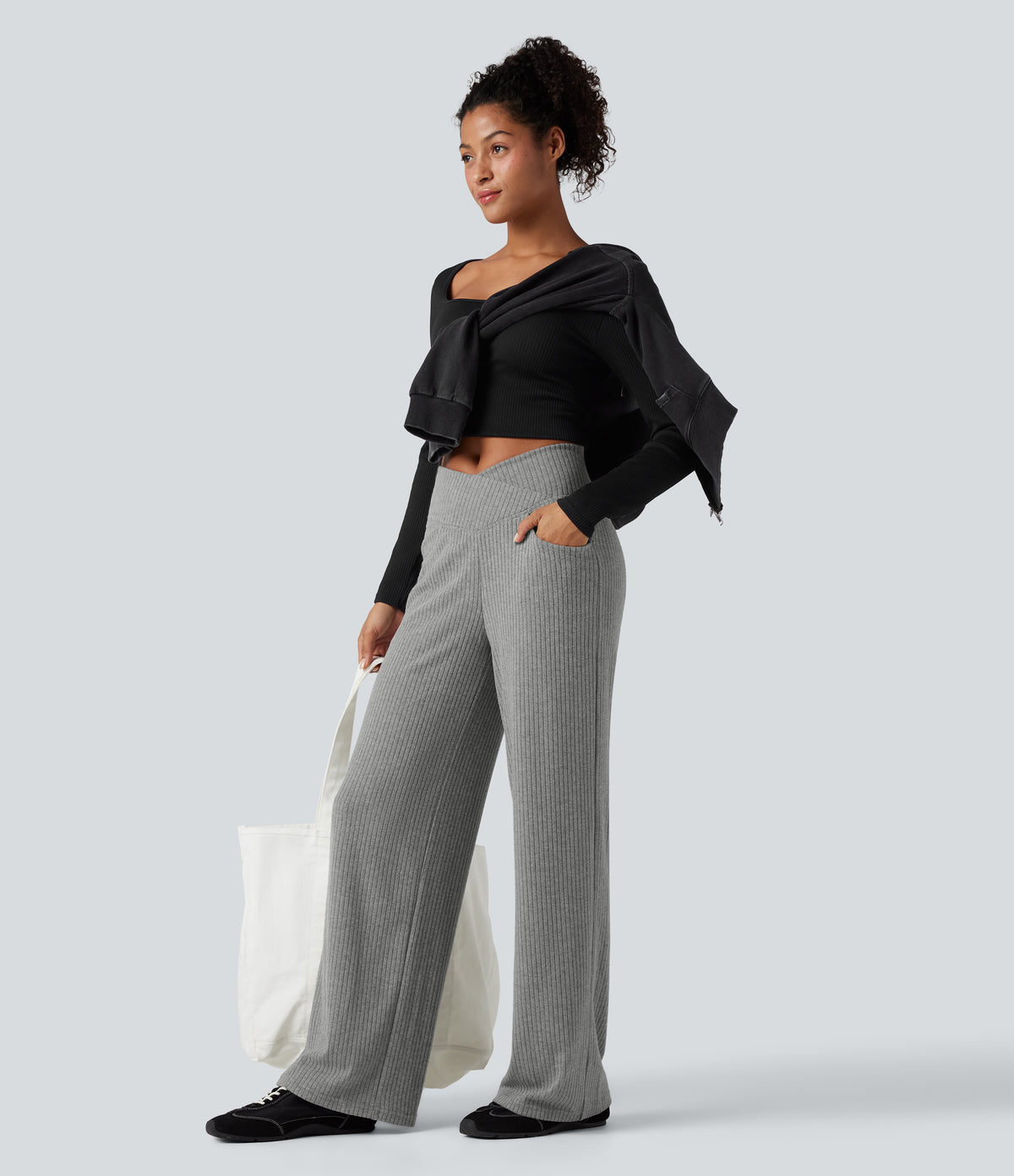 Ribbed Knit High Waisted Crossover Tummy Control Straight Leg Casual Trousers with Pockets — Dark Mottled Grey — view 6