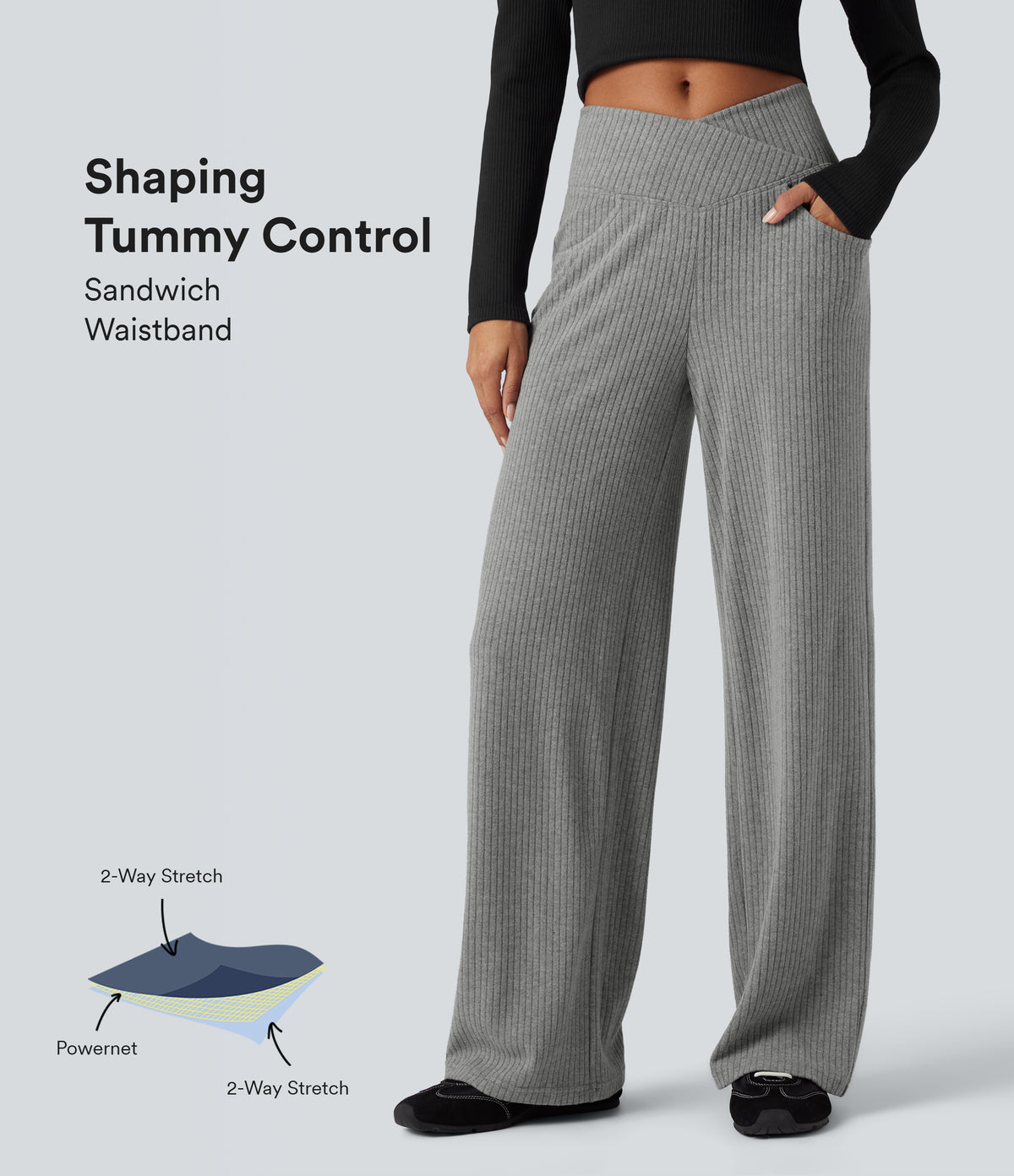 Ribbed Knit High Waisted Crossover Tummy Control Straight Leg Casual Trousers with Pockets — Dark Mottled Grey — view 1