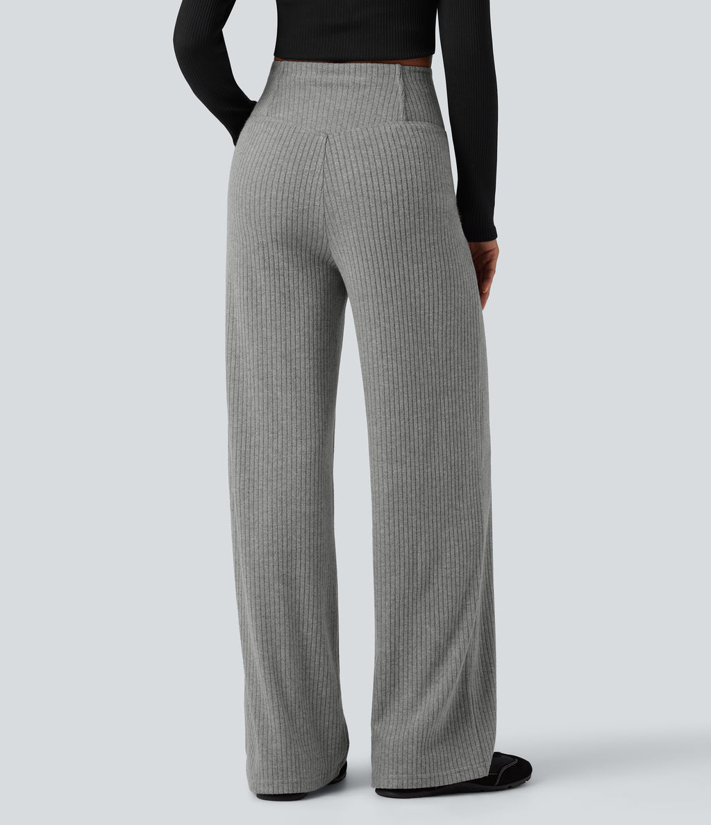 Ribbed Knit High Waisted Crossover Tummy Control Straight Leg Casual Trousers with Pockets — Dark Mottled Grey — view 2