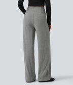 Ribbed Knit High Waisted Crossover Tummy Control Straight Leg Casual Trousers with Pockets — Dark Mottled Grey — view 2
