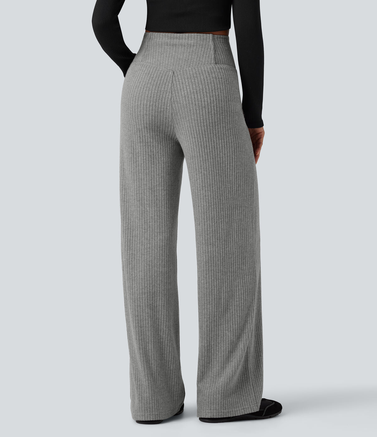 Ribbed Knit High Waisted Crossover Tummy Control Straight Leg Casual Trousers with Pockets — Dark Mottled Grey — view 2