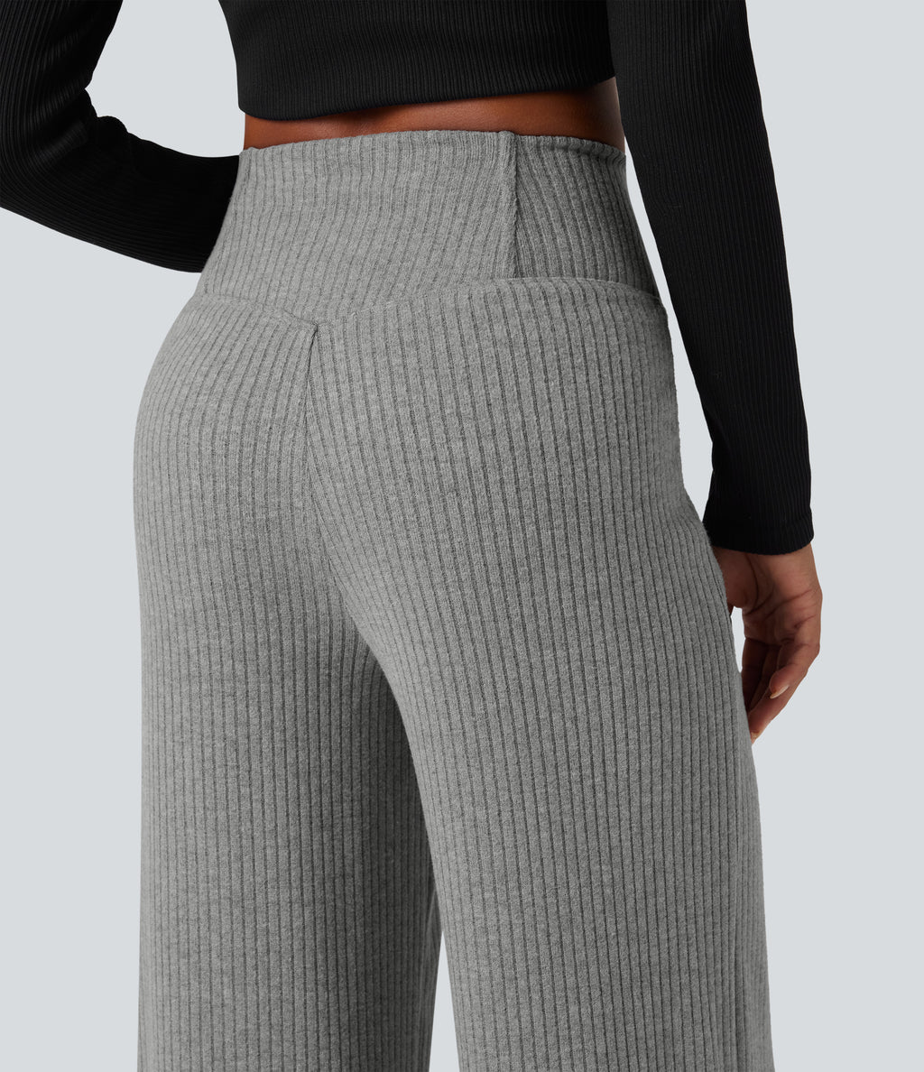 Ribbed Knit High Waisted Crossover Tummy Control Straight Leg Casual Trousers with Pockets — Dark Mottled Grey — view 5