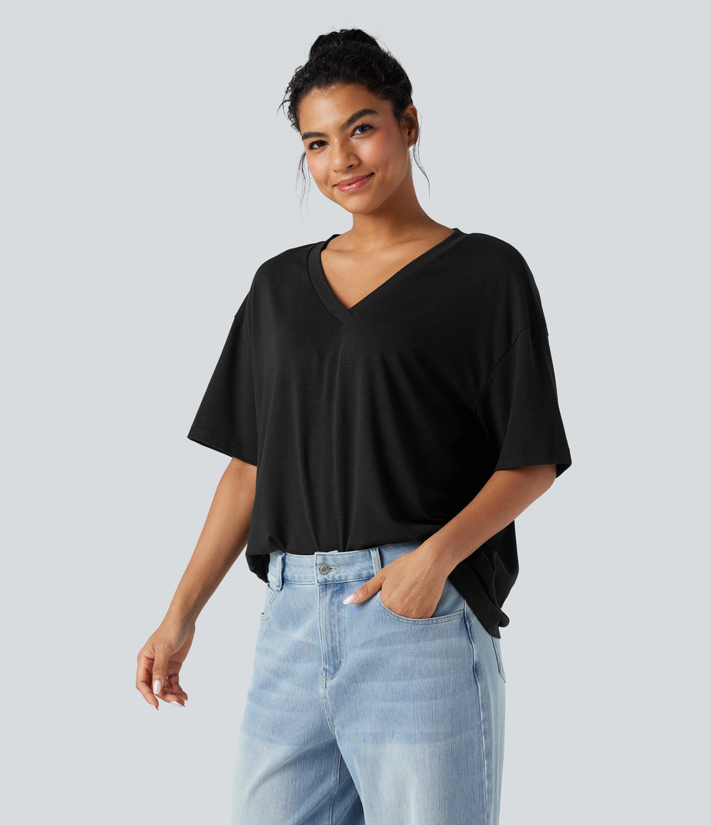 V-neck Short Sleeve Relaxed Casual Top — Black — view 3