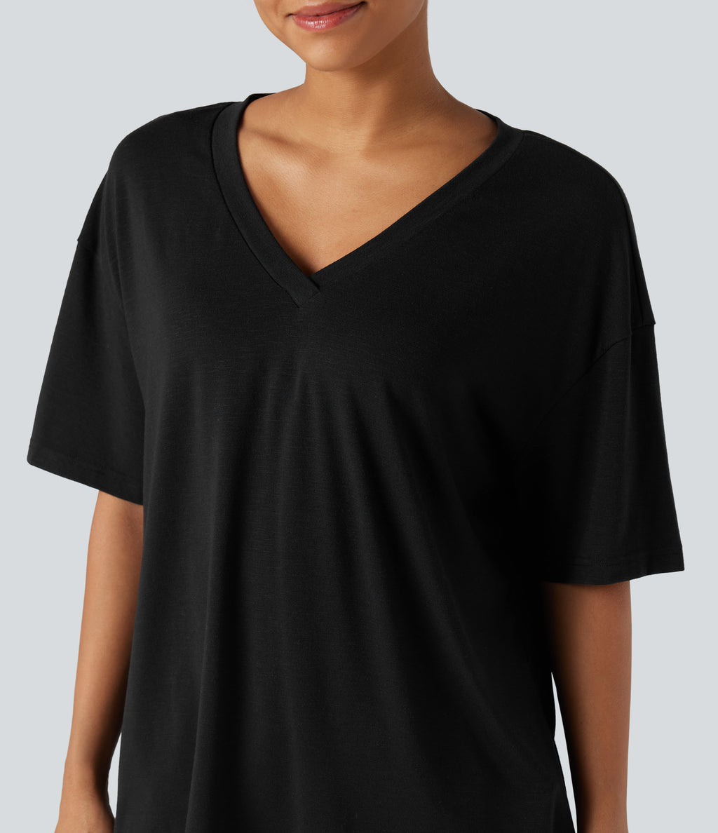 V-neck Short Sleeve Relaxed Casual Top — Black — view 5