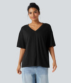 V-neck Short Sleeve Relaxed Casual Top — Black — view 4