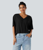 V-neck Short Sleeve Relaxed Casual Top — Black — view 1