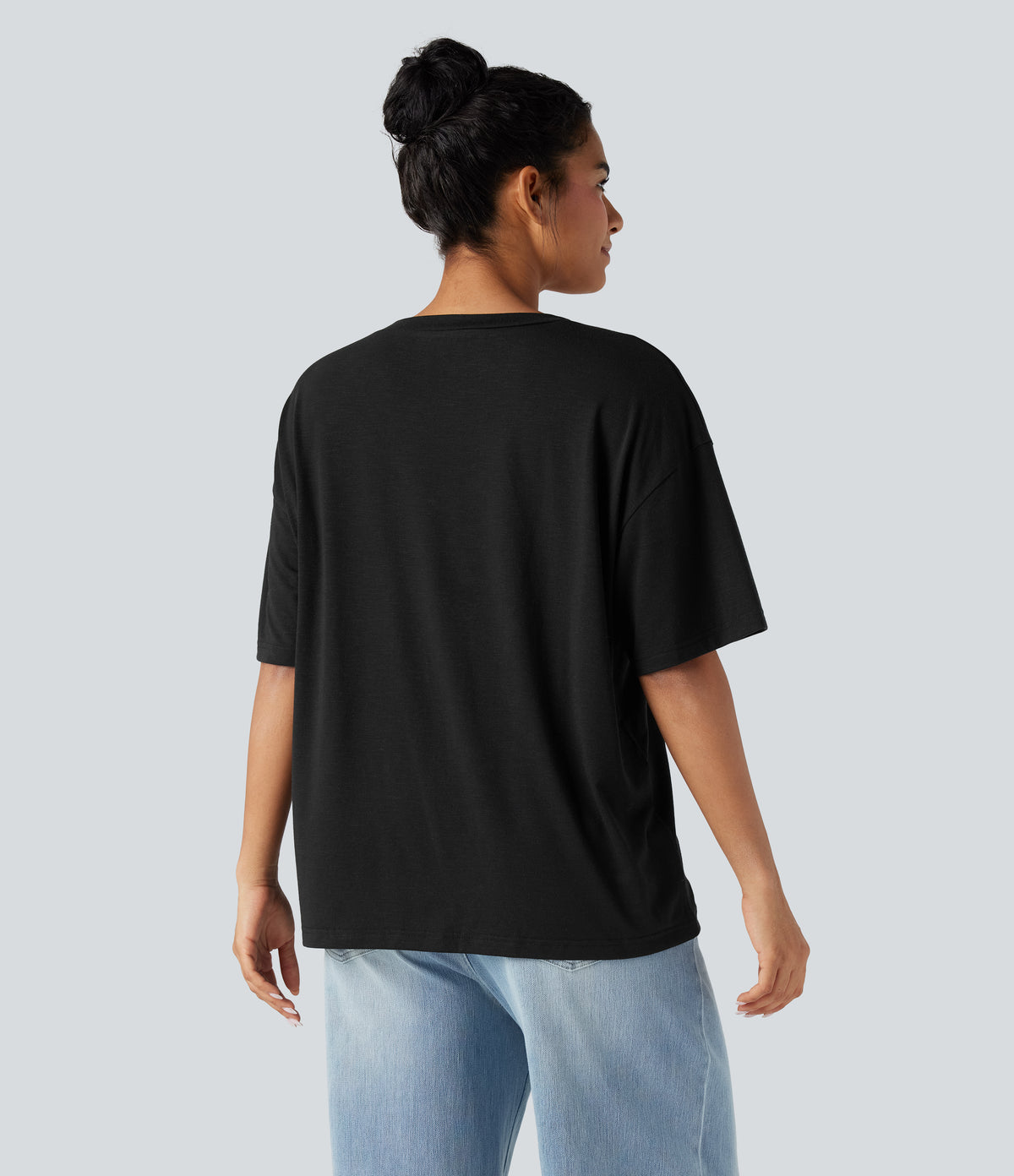 V-neck Short Sleeve Relaxed Casual Top — Black — view 2