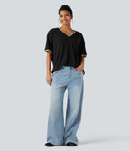 V-neck Short Sleeve Relaxed Casual Top — Black — view 6