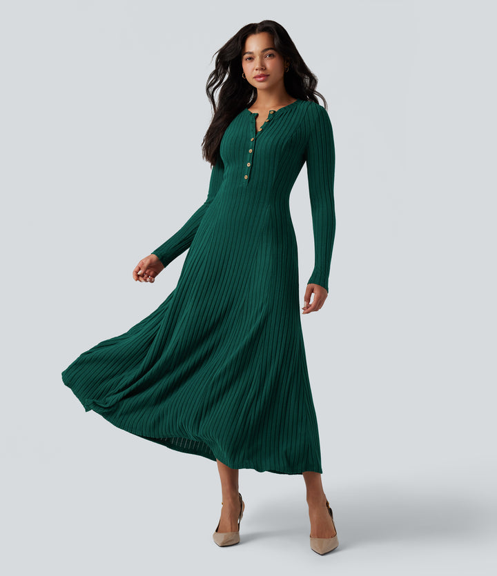 Ribbed Knit Henley Neck Long Sleeve Flowy Maxi Fleece Casual Dress — Mottled Greenlake — view 1