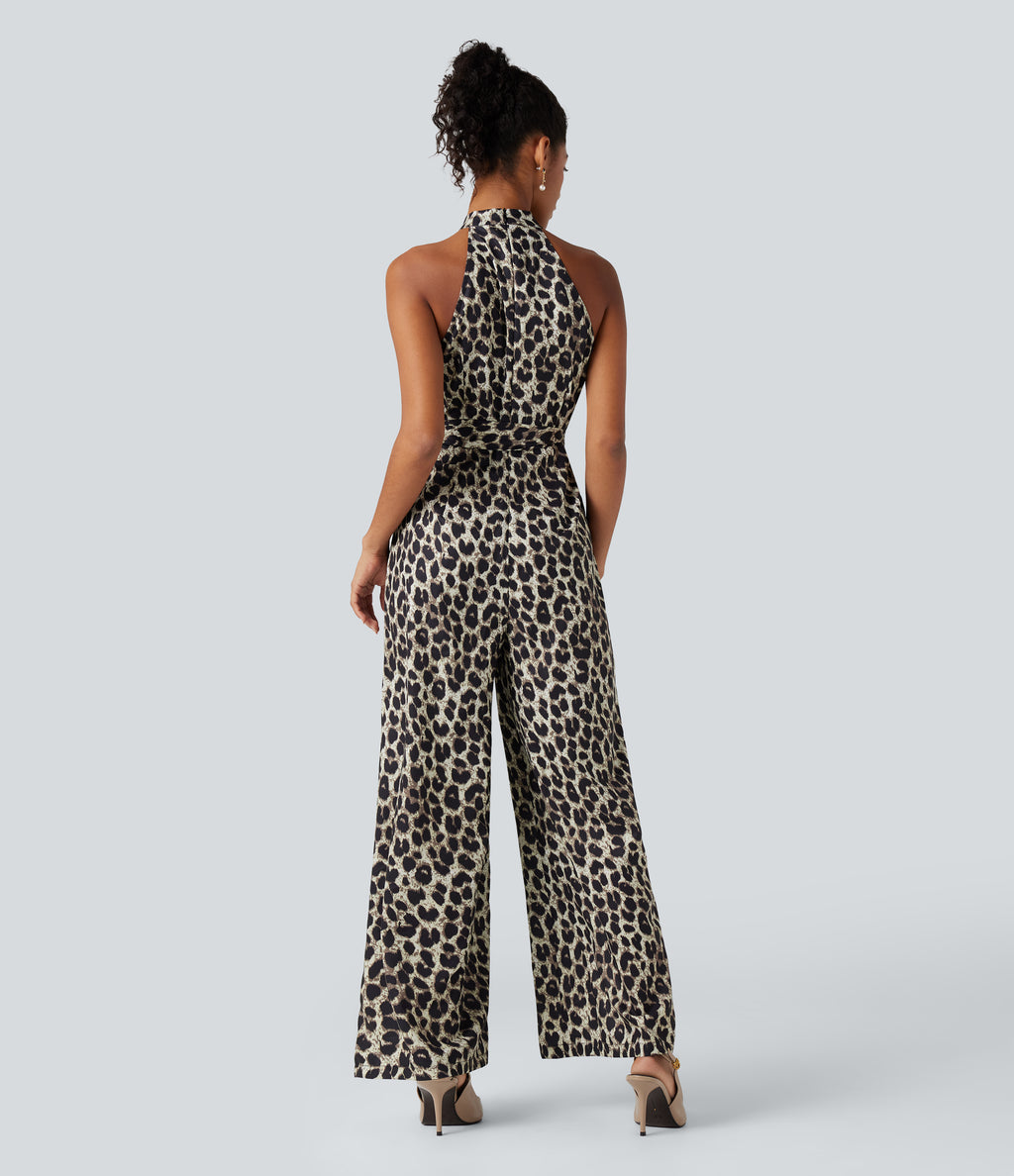 Halter Sleeveless Belted Leopard Party Jumpsuit with Pockets — Gold Leopard Print — view 2