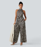 Halter Sleeveless Belted Leopard Party Jumpsuit with Pockets — Gold Leopard Print — view 7