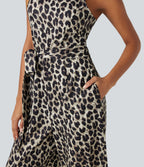 Halter Sleeveless Belted Leopard Party Jumpsuit with Pockets — Gold Leopard Print — view 6