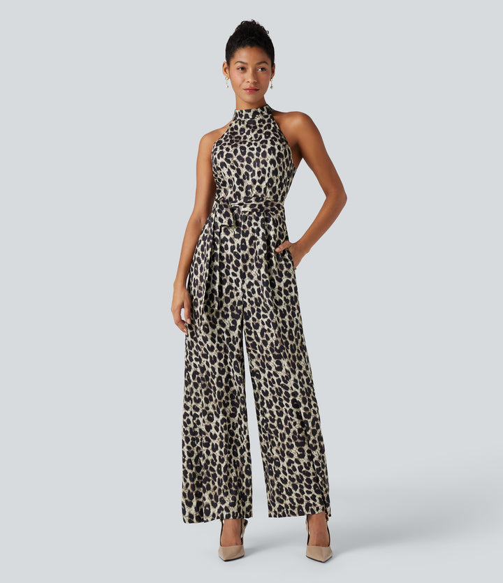 Halter Sleeveless Belted Leopard Party Jumpsuit with Pockets — Gold Leopard Print — view 1