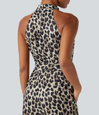 Halter Sleeveless Belted Leopard Party Jumpsuit with Pockets — Gold Leopard Print — view 5