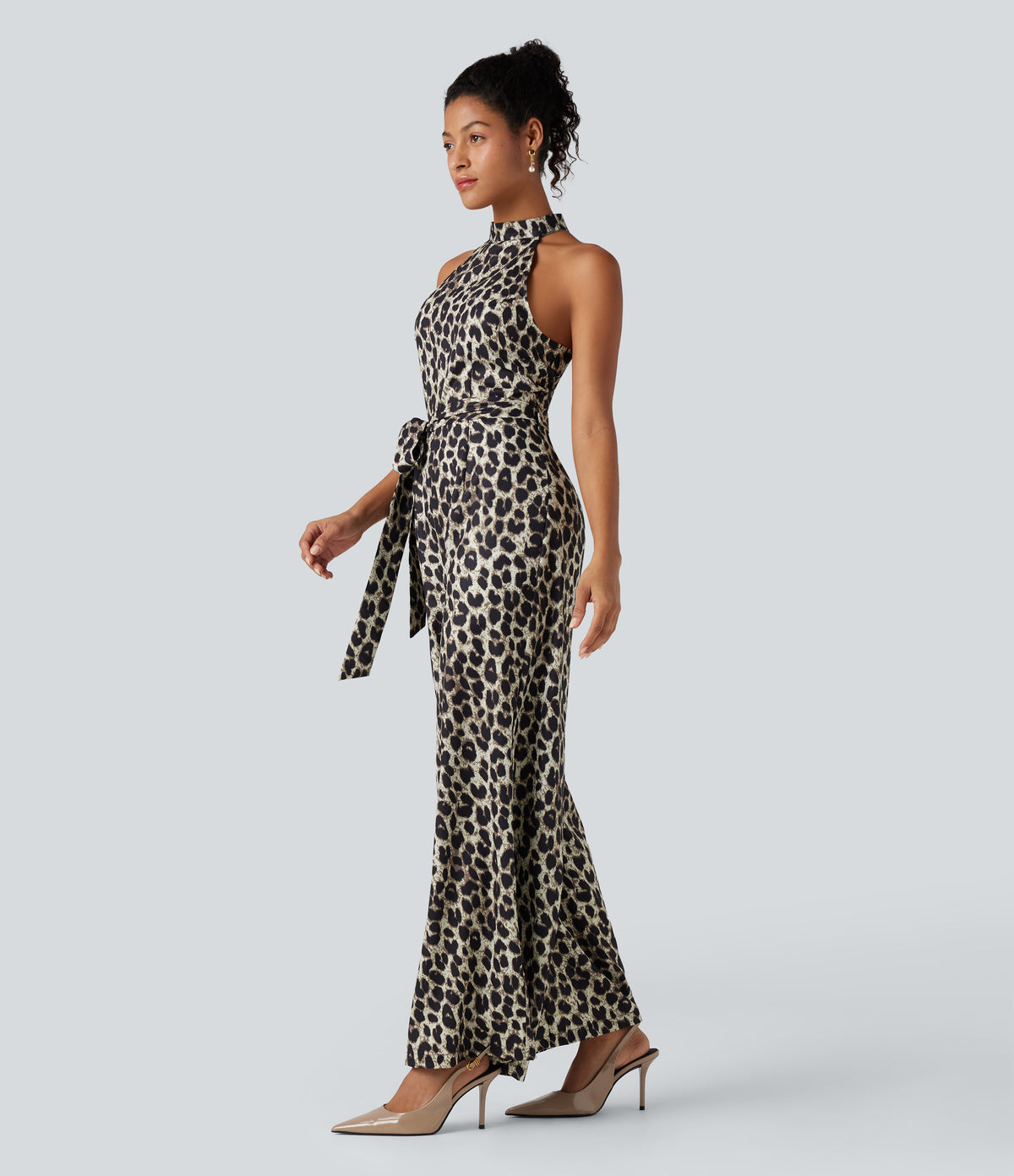 Halter Sleeveless Belted Leopard Party Jumpsuit with Pockets — Gold Leopard Print — view 3