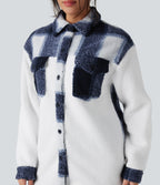 Long Sleeve Plaid Color Block Casual Sherpa Jacket with Pockets — Twilight Check — view 4
