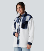 Long Sleeve Plaid Color Block Casual Sherpa Jacket with Pockets — Twilight Check — view 3