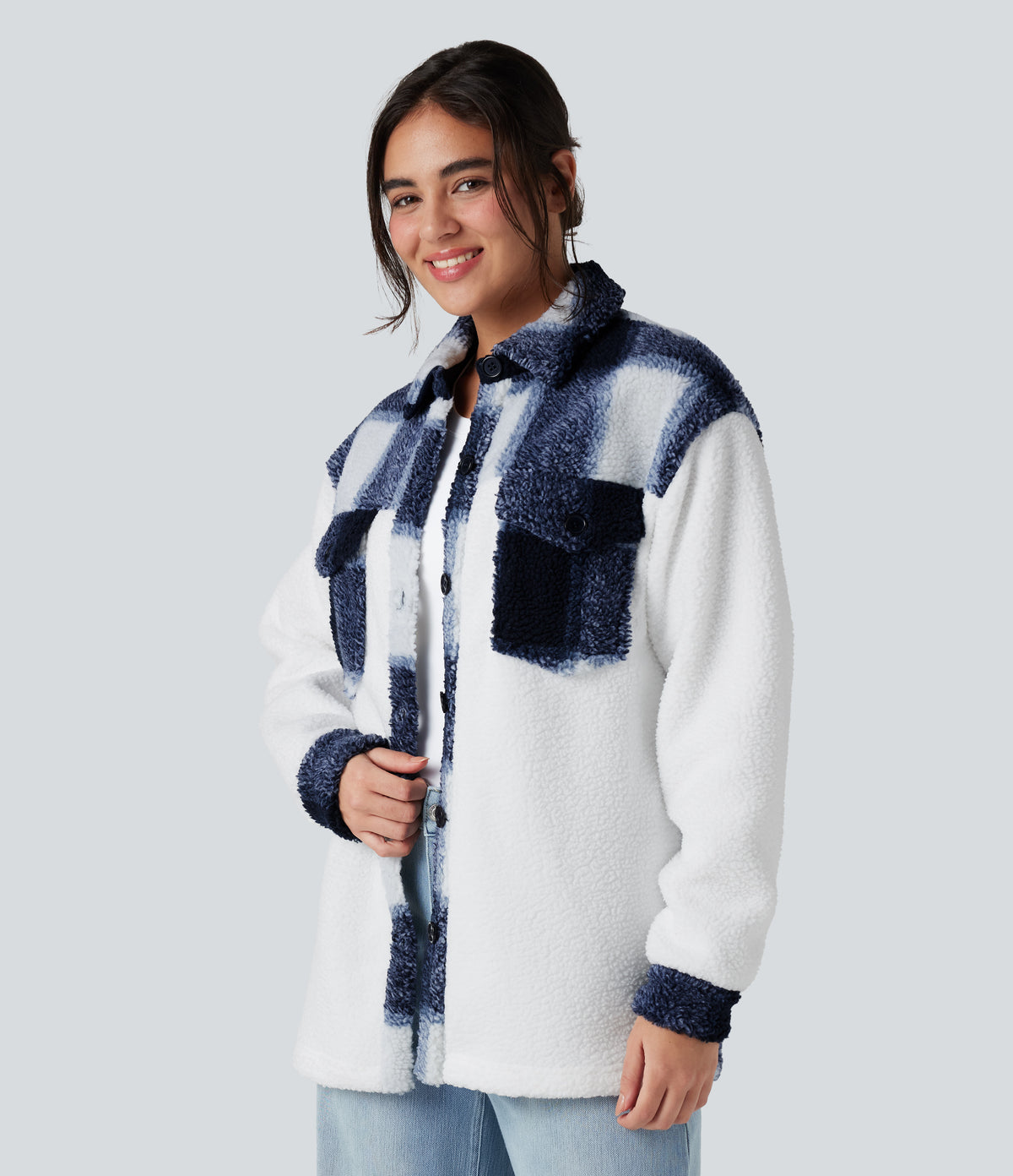 Long Sleeve Plaid Color Block Casual Sherpa Jacket with Pockets — Twilight Check — view 3