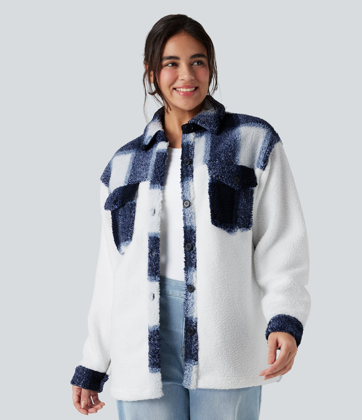 Long Sleeve Plaid Color Block Casual Sherpa Jacket with Pockets — Twilight Check — view 1