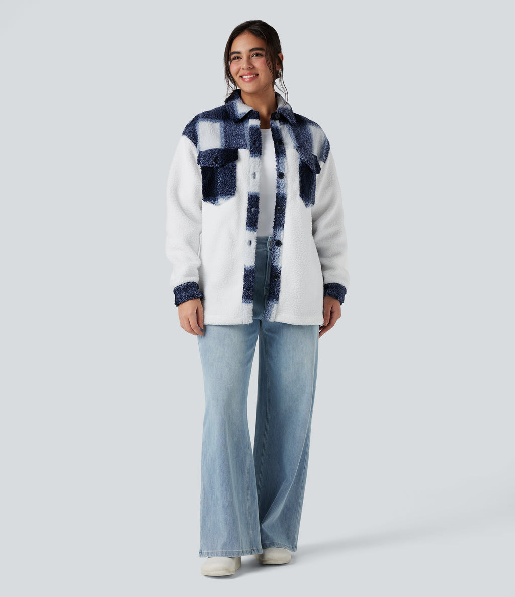 Long Sleeve Plaid Color Block Casual Sherpa Jacket with Pockets — Twilight Check — view 6