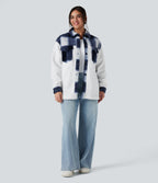 Long Sleeve Plaid Color Block Casual Sherpa Jacket with Pockets — Twilight Check — view 6
