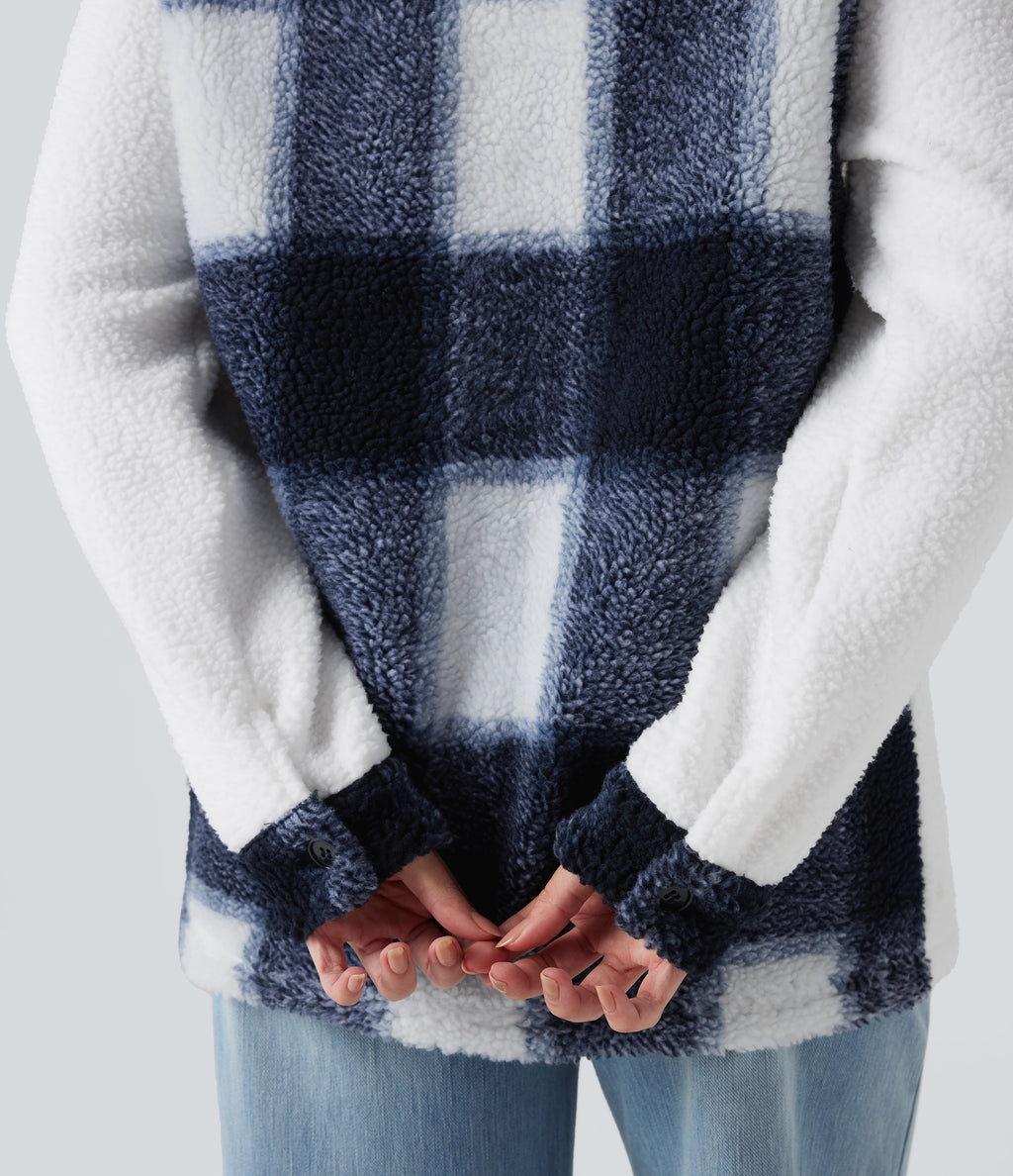 Long Sleeve Plaid Color Block Casual Sherpa Jacket with Pockets — Twilight Check — view 5
