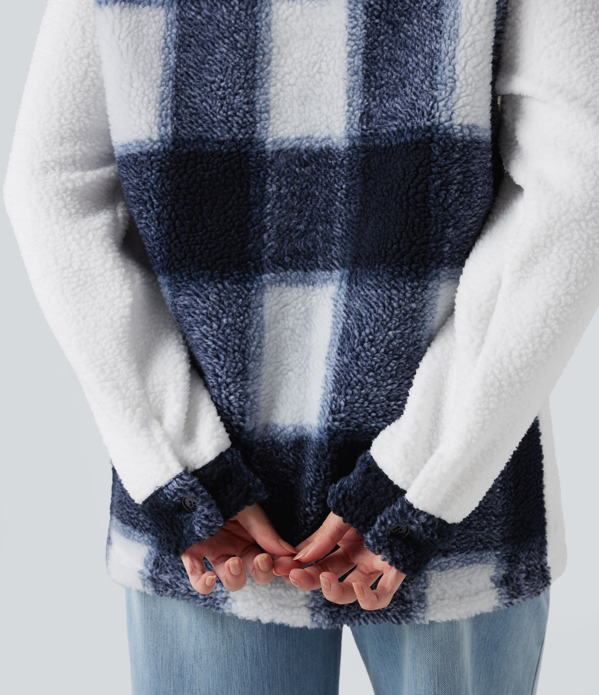 Long Sleeve Plaid Color Block Casual Sherpa Jacket with Pockets — Twilight Check — view 5
