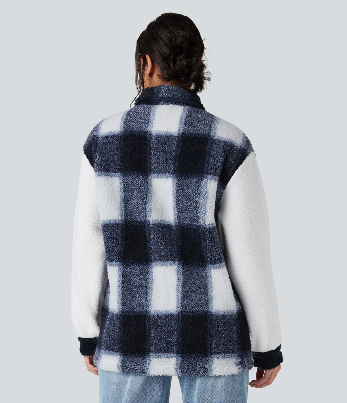 Long Sleeve Plaid Color Block Casual Sherpa Jacket with Pockets — Twilight Check — view 2