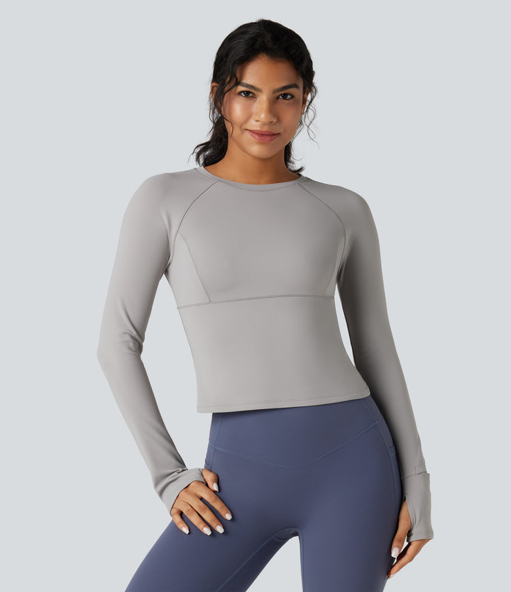 Round Neck Long Sleeve Thumb Hole Fleece Yoga Sports Top — Sandalwood Grey — view 2