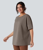 Round Neck Half Sleeve Casual Oversize Cotton T-Shirt — Walnut — view 3