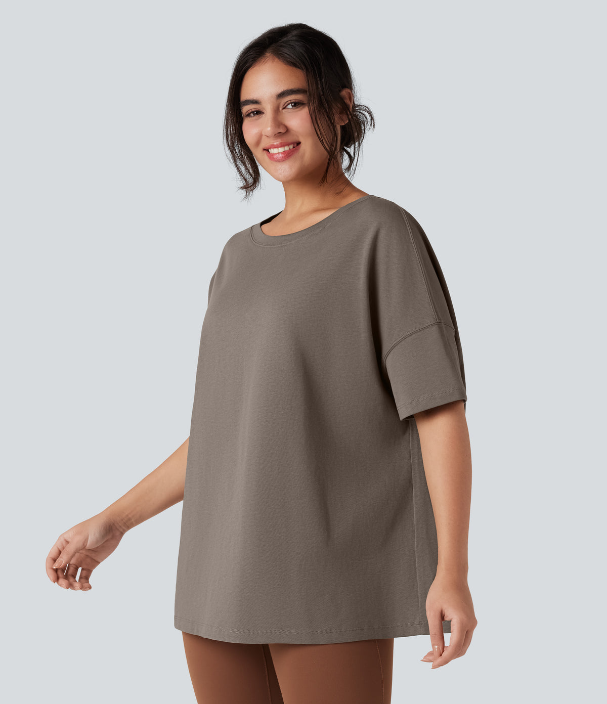Round Neck Half Sleeve Casual Oversize Cotton T-Shirt — Walnut — view 3