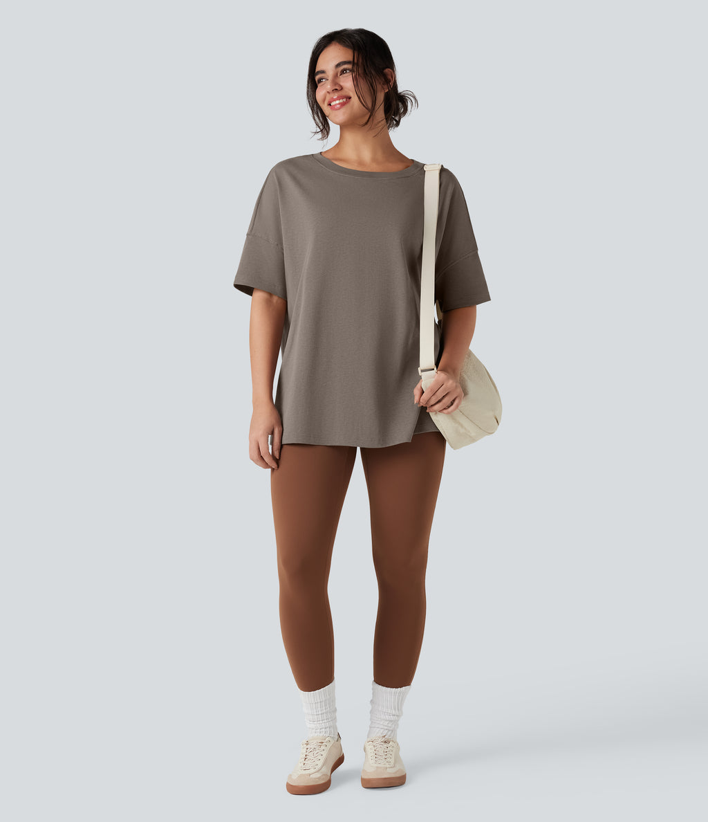 Round Neck Half Sleeve Casual Oversize Cotton T-Shirt — Walnut — view 6