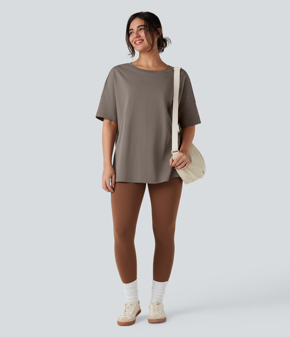 Round Neck Half Sleeve Casual Oversize Cotton T-Shirt — Walnut — view 6