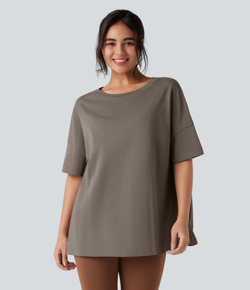 Round Neck Half Sleeve Casual Oversize Cotton T-Shirt — Walnut — view 1