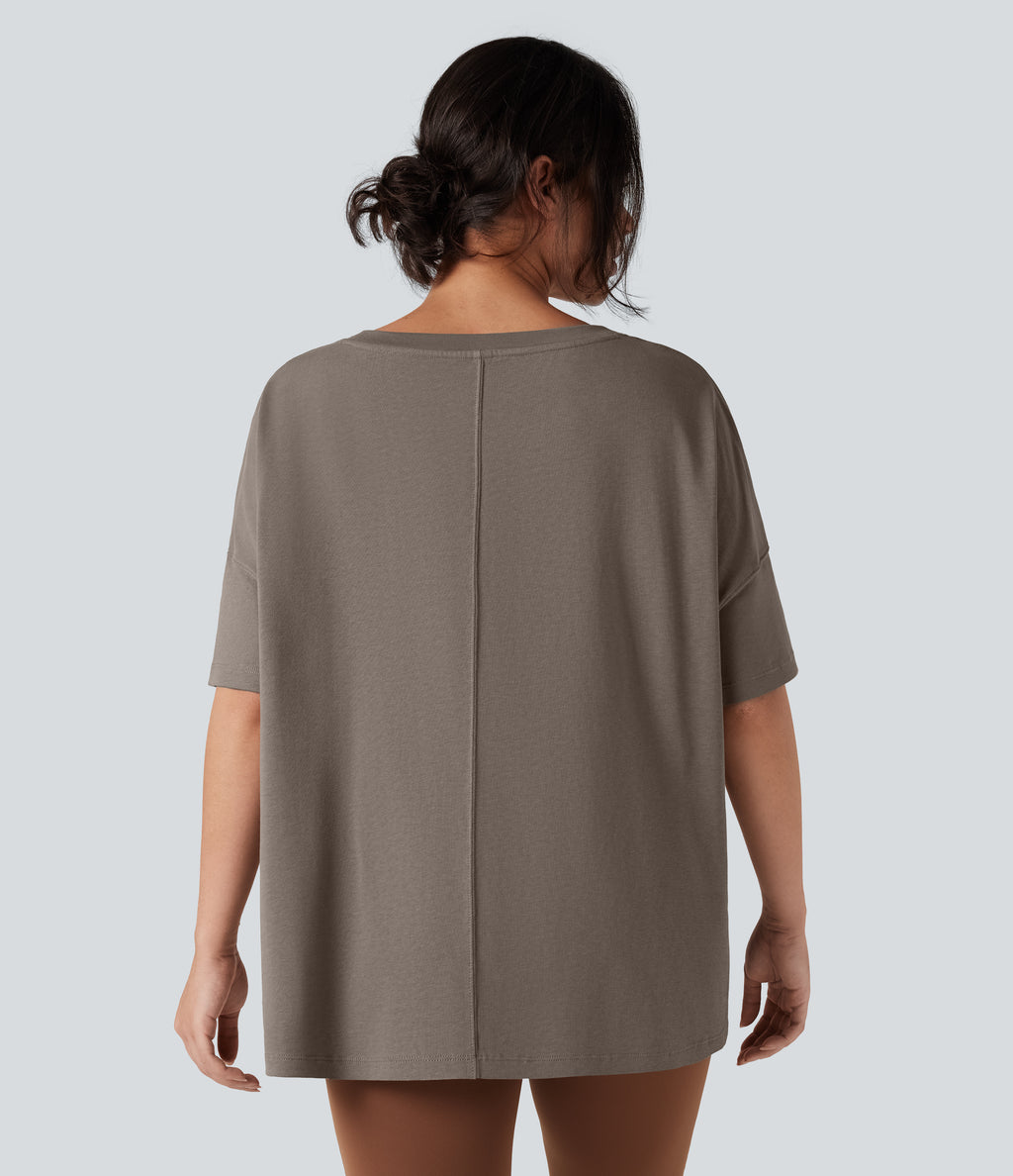 Round Neck Half Sleeve Casual Oversize Cotton T-Shirt — Walnut — view 2